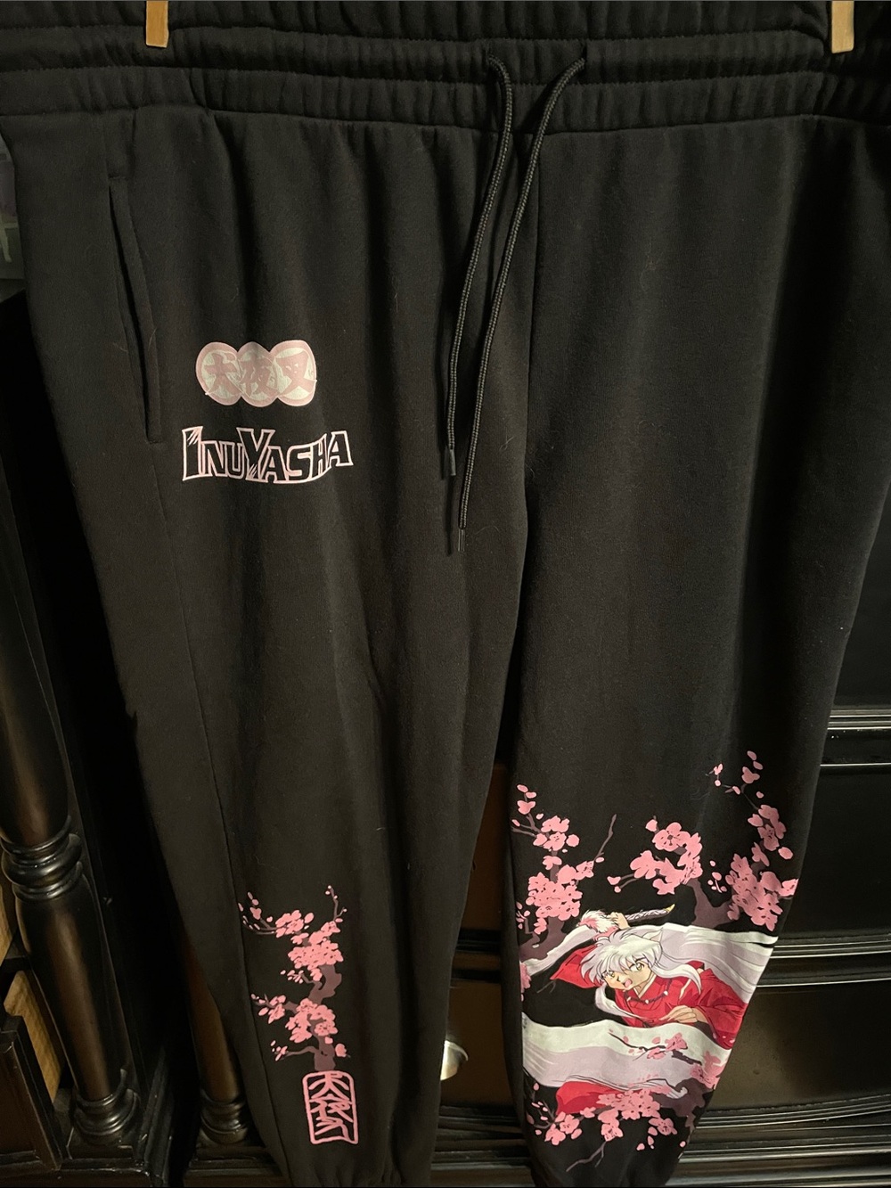 Inuyasha Black Jogger Drawstring Sweat Pants with Pink Cherry Blossom Print
